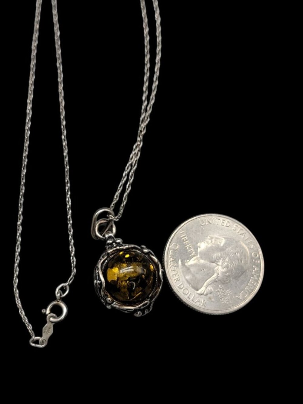 Sterling Silver Ornate Baltic Amber Pendant Necklace 925 Setting 18" Cable Chain - Picture 7 of 16